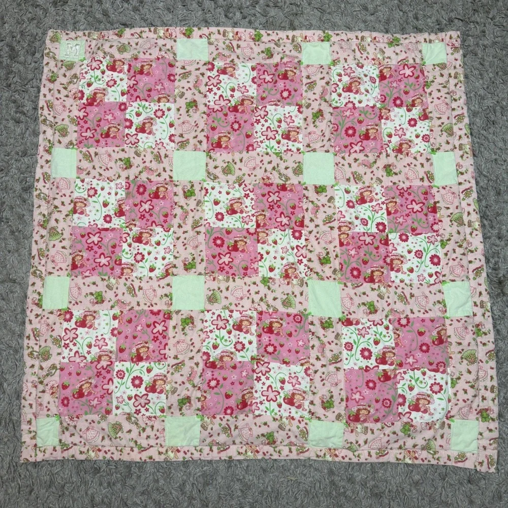 Vintage Strawberry Shortcake Patchwork Quilt Pink Green Handmade 45
